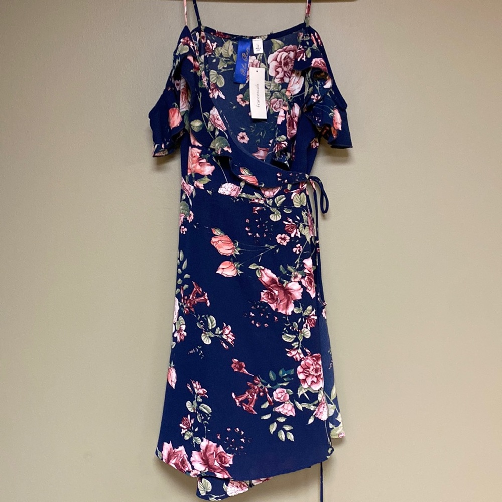 Blue Floral Cold Shoulder Wrap Dress